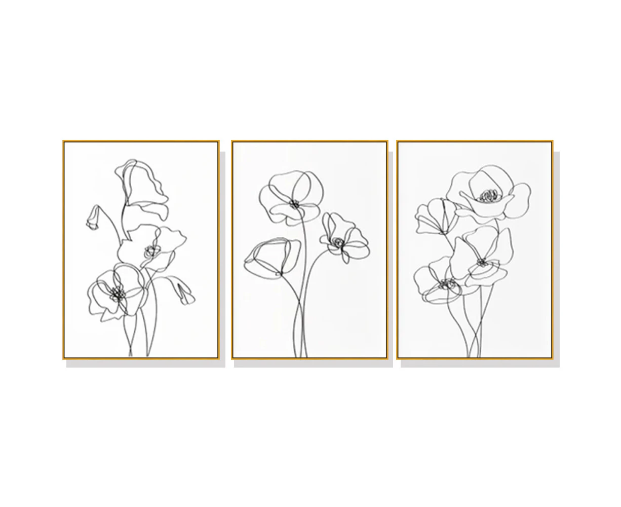 Line botanical flowers 3 sets Gold Frame Canvas