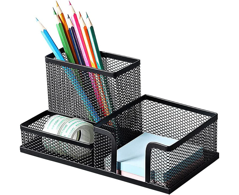 Mesh Desk Organizer Office Supplies Caddy with Pencil Holder and Storage Baskets for Desk Accessories, 3 Compartments, Black$Mesh Desk Organize