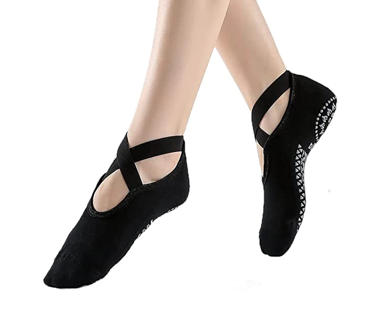 Professional Thick Yoga Socks for Women Non-Slip Grips & Straps, Ideal for Pilates, Ballet, Dance, Barefoot Workout - Black