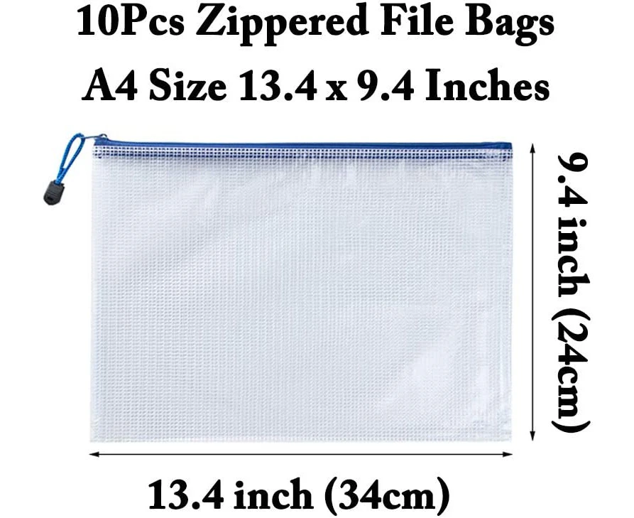 Zipper File Bags,10Pcs-Folder-A4 White Mesh Bag Zipper File Bags,Zipper Pouch,Pvc Document Bag Zipper Folders Document