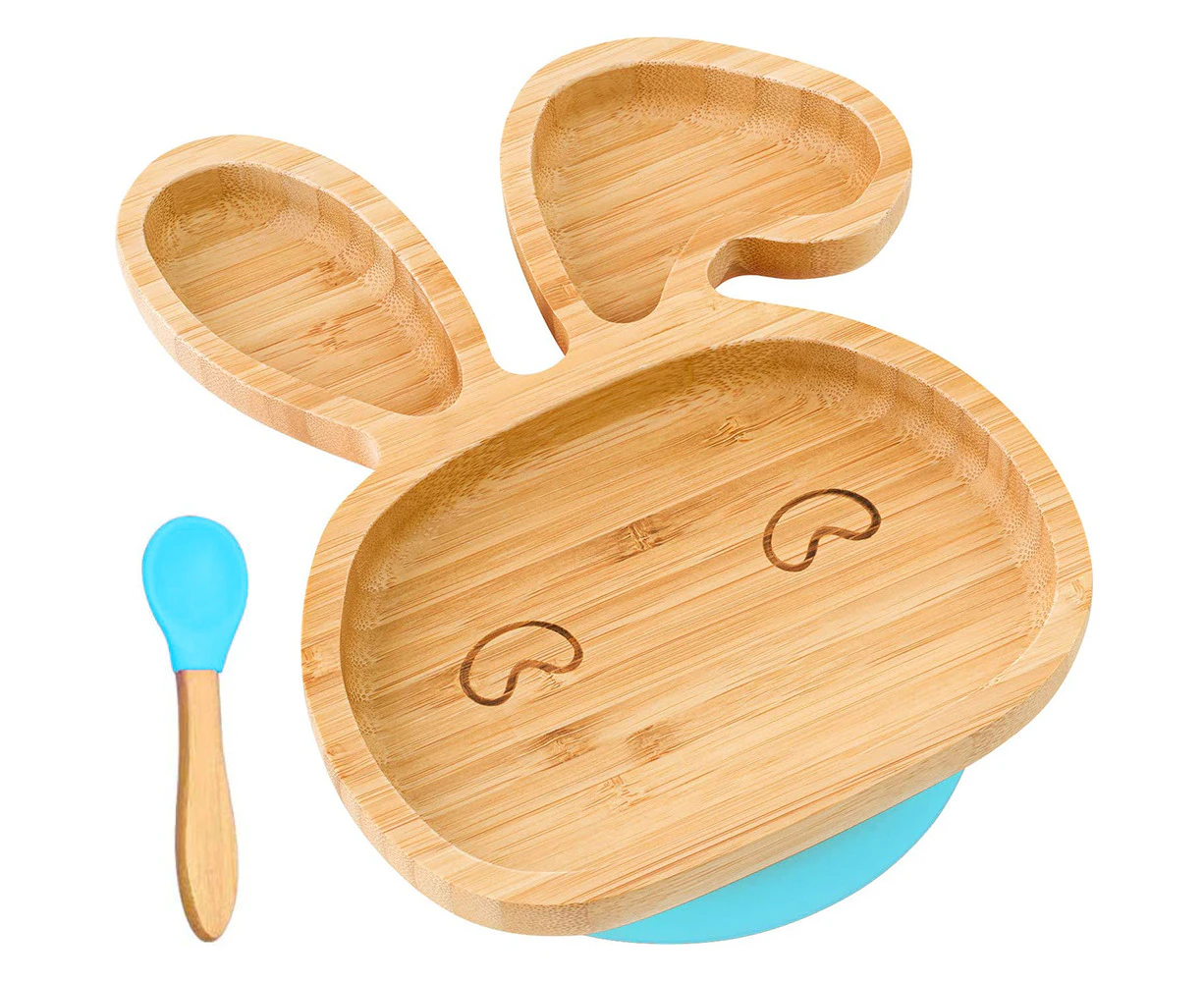 Baby Toddler Bunny Suction Plate, Stay Put Feeding Plate, Natural Bamboo (Blue) Hand-wash Only