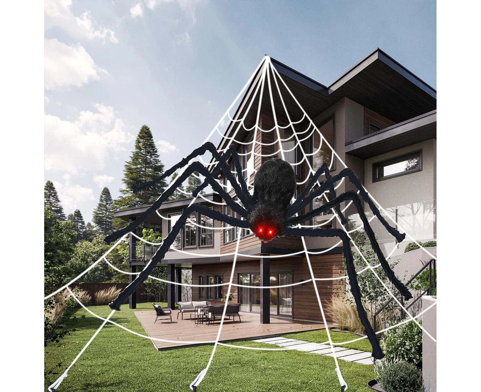 Halloween Spider, 200Cm Giant Spider, Halloween Outdoor Decoration With 7M Triangular Web 20G Spider Outdoor Decoration