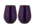 Stainless Steel Stemless Wine Glass, Outdoor Portable Wine Tumbler - Set of 2 Metal Drinking Cups-Purple