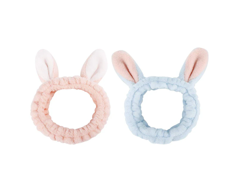 Plush Headband Hair Band, 4 Pcs Cute Plush Rabbit Ear Wash Face Headband Makeup Cosmetic Shower Elastic Bunny Ear Hair Accessories - Rose + Blue