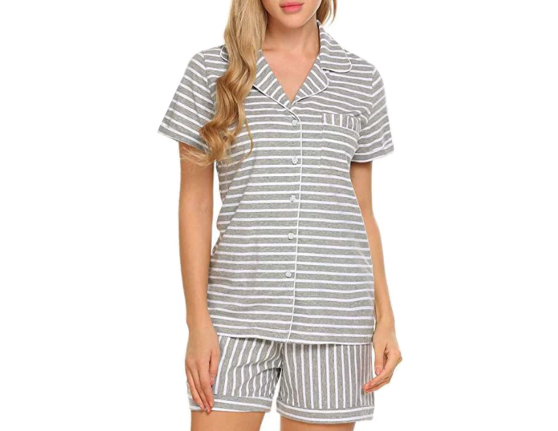 Bestjia Women Stripe Dot Short Sleeve Button Blouse Shirt Shorts Set Sleepwear Nightwear - Grey