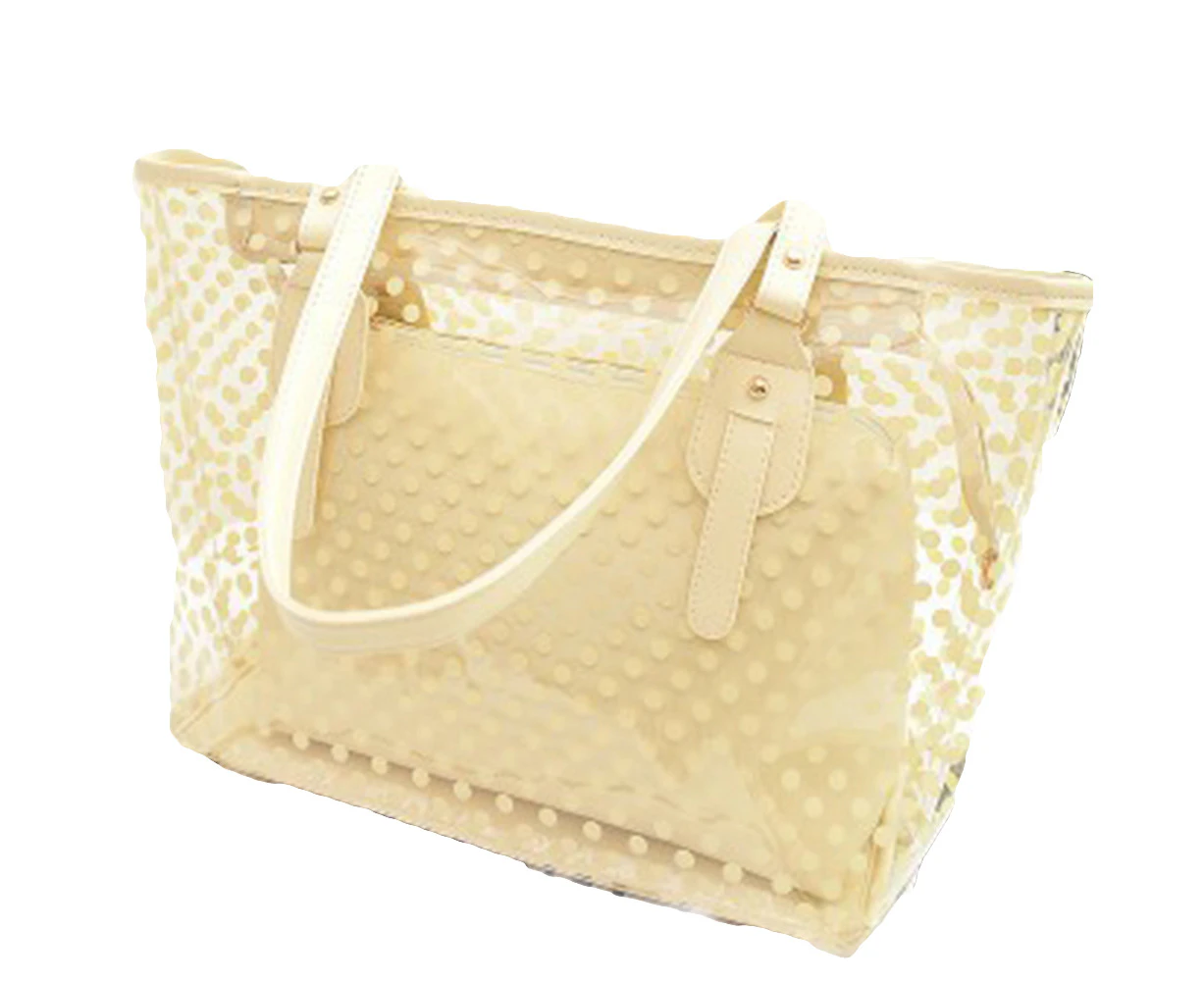 Bestjia 2Pcs/Set Women Transparent Polka Dot Print Jelly Bag Shoulder Pouch Handbag Tote - Beige