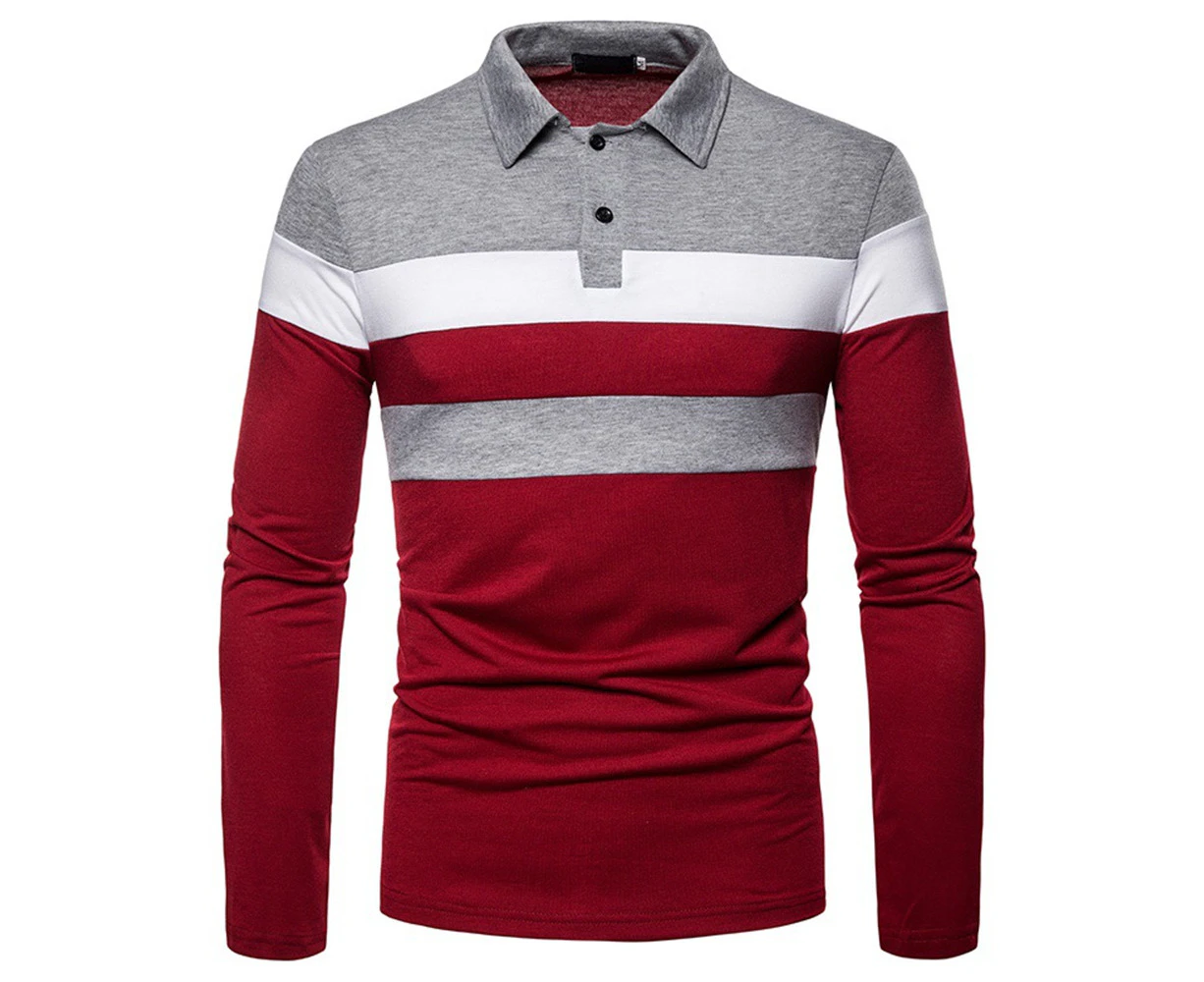 Mens Colourblock Patchwork Contrast Collar T-Shirt Long Sleeve Golf Work Polo Shirt Pique Tee - Red