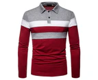 Mens Colourblock Patchwork Contrast Collar T-Shirt Long Sleeve Golf Work Polo Shirt Pique Tee - Red