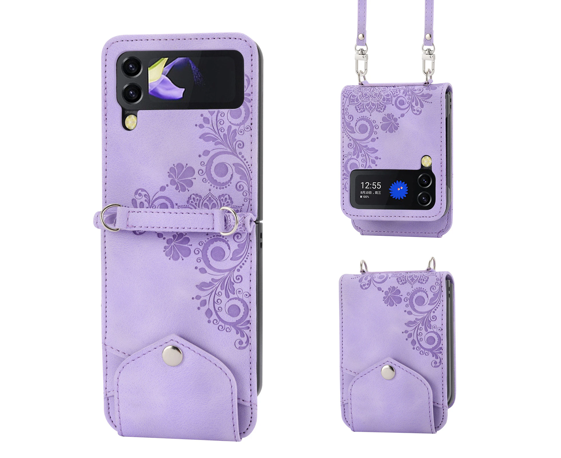 Leather Wallet Phone Case for Samsung Galaxy Flip3 with Viewing Stand Card Holder-Purple