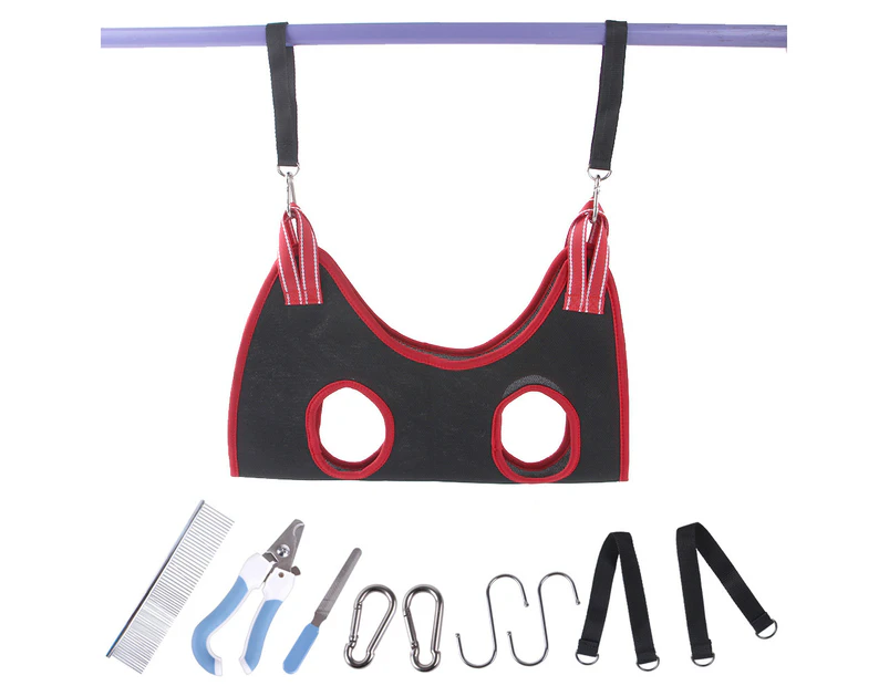 10-Piece Set Pet Dog Grooming Hammock Harness With Nail Clippers, Nail File, Black Red,M