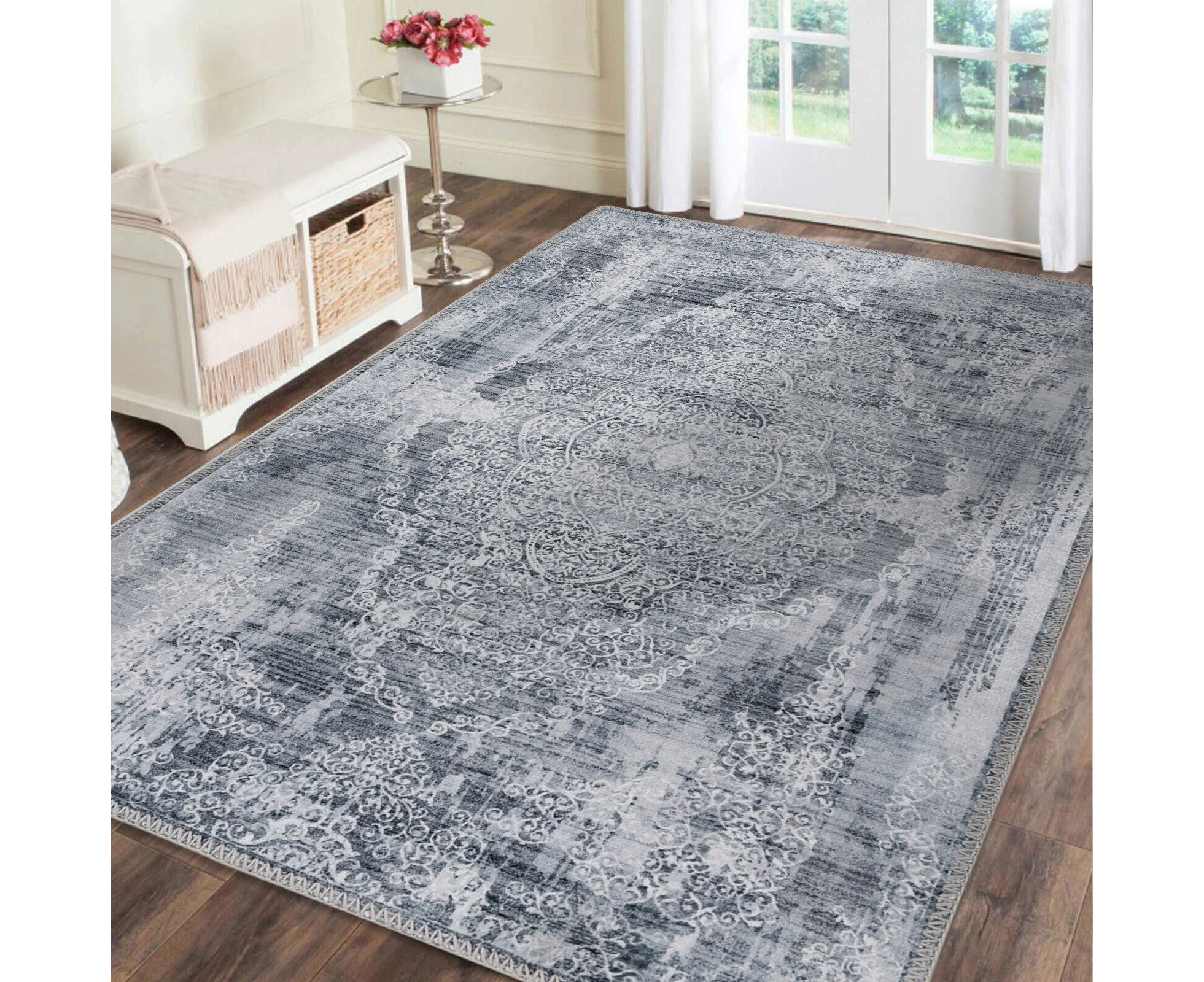 Bedside Rug Silver Grey Non Slip Medallion Kichen Mat Washable Carpet 120x170cm