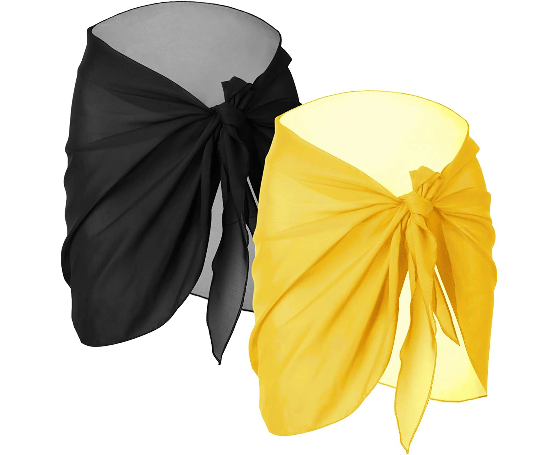 2 Pieces Women Beach Wrap Sarong Cover Up Chiffon Swimsuit Wrap Skirts-Black and Yellow