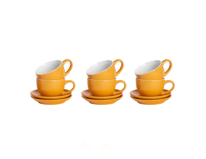 6x Yellow Cappuccino Cups with Matching Saucer Set Porcelain Tea Coffee Cups 250ml Set