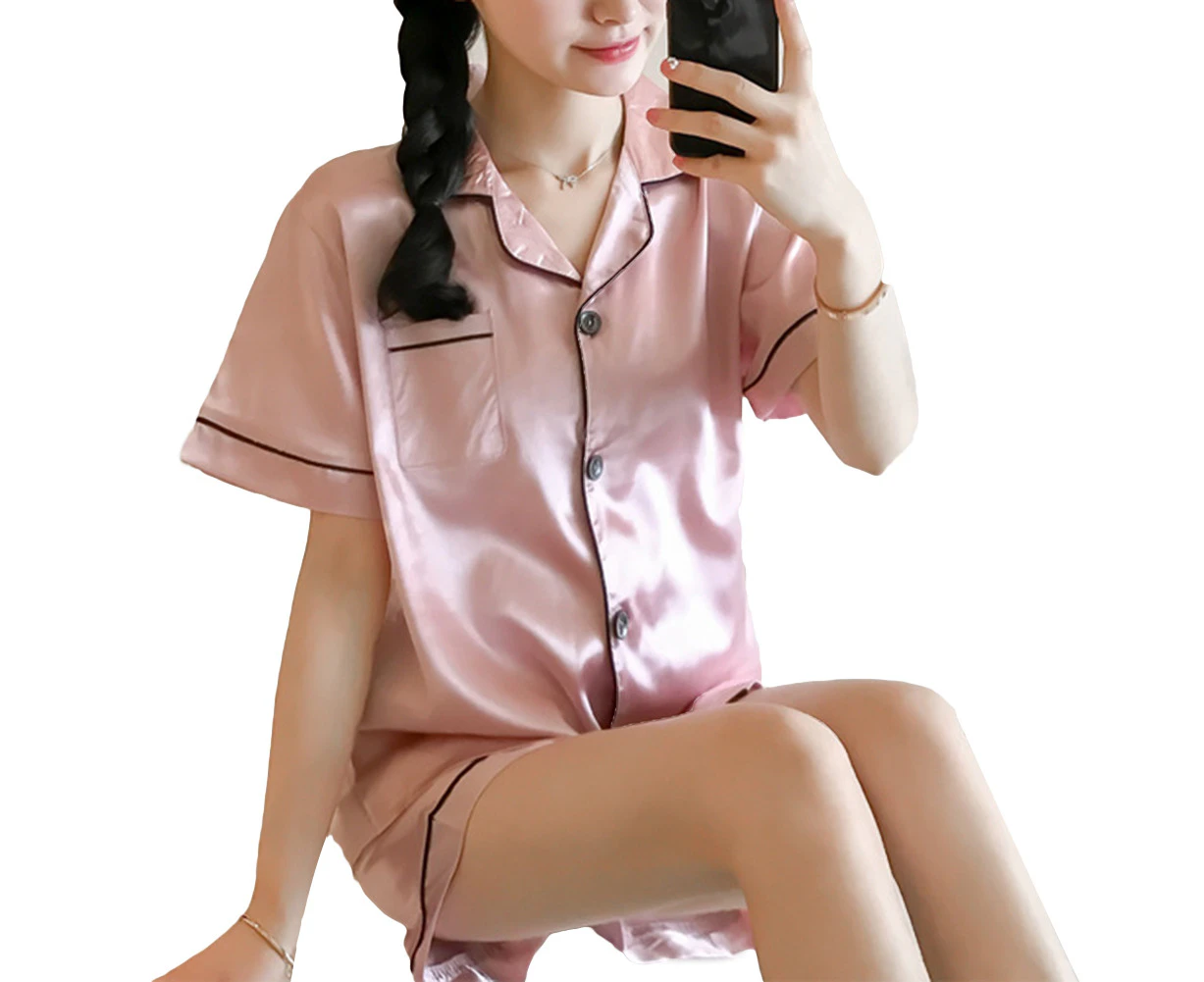 Bestjia Women Turn Down Collar Short Sleeve Pocket Buttons Top Shorts Sleepwear Set - Pink