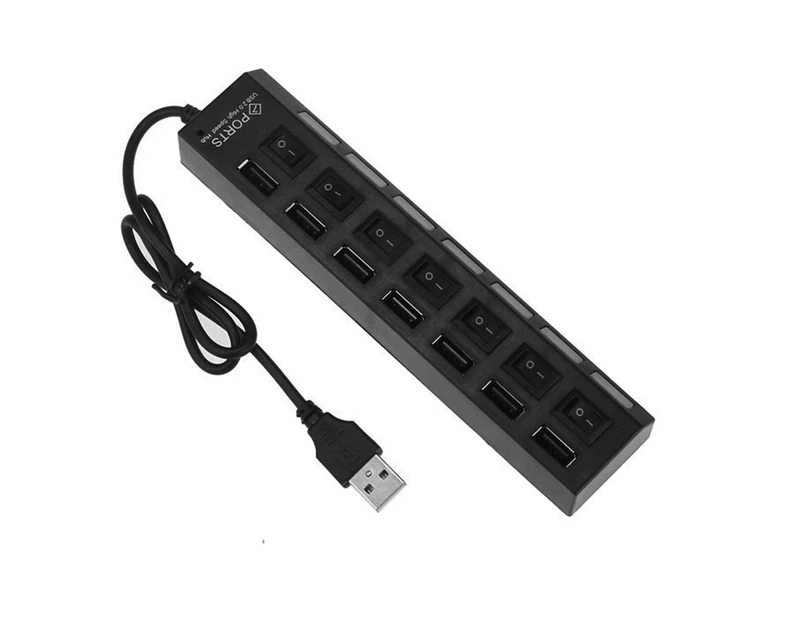 Portable LED Indicator Light 7 Ports USB 2.0 Adapter Charge Hub with Switch - Black
