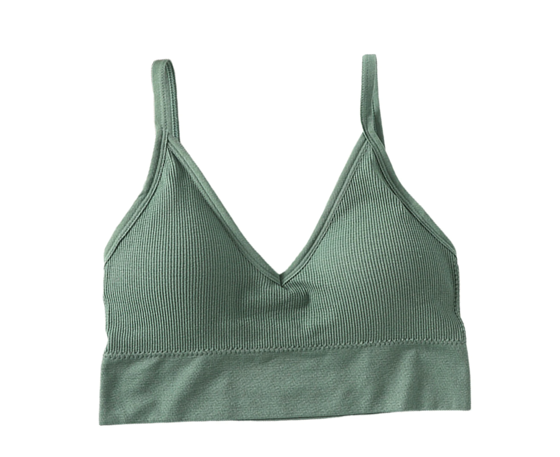 Women Bra Solid Color V Neck Low Cut Comfortable Soft High Elasticity Backless Detachable Pad Sports Brassieres - Green