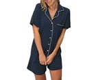 Bestjia Women Stripe Dot Short Sleeve Button Blouse Shirt Shorts Set Sleepwear Nightwear - Grey