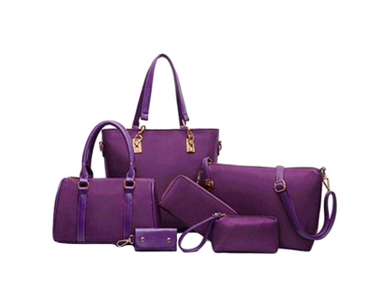 SunnyHouse 6Pcs/Set Lady Solid Color Faux Leather Shoulder Bag Handbag Clutch Wallet Purse - Purple