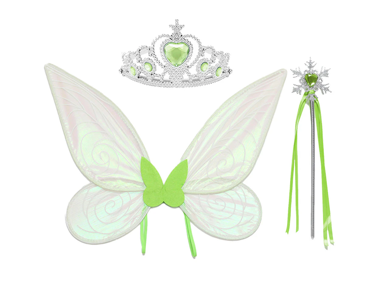 Angel Wings Headband Fairy Stick Three-Piece Set, Butterfly Wings, Fairy Wings Dress Up Sparkling Sheer Wings For Girls Kids Women Halloween Party,Green