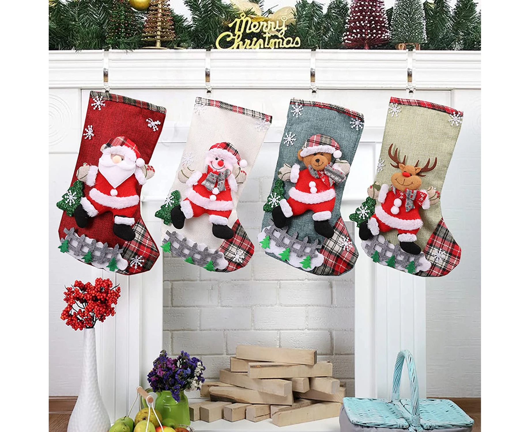 4 Packs Christmas Stockings, 18 inch Sets Stocking with Santa, Snowman, Reindeer, Bear, 3D Plush Xmas Decor for Family Holiday Christmas Party Ornament