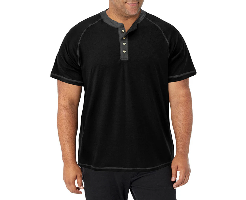 WeMeir Men's Short Sleeve Plus-size Henley Shirts XL-5XL Casual Button Down Shirts for Men All-match Cotton T-shirts Undershirts - Black