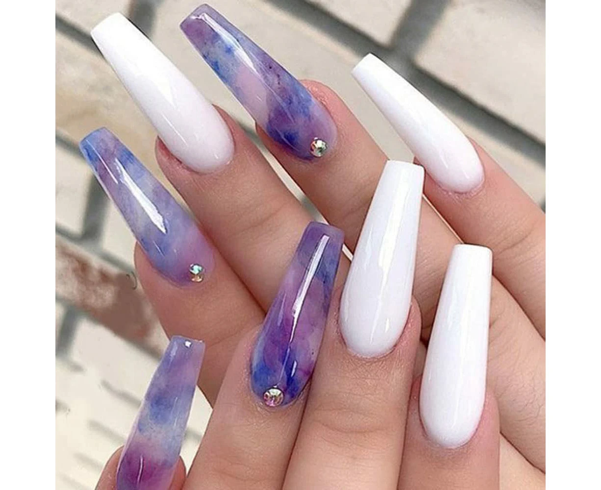 24 Pcs Press On Nails Long Coffin Fake Nails French Press On Nails Gradient Blue Acrylic Fake Nails Tips Glossy False Nails Full Cover Nail Tips For Women