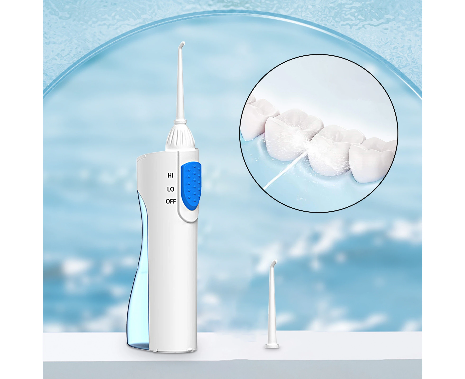 1 Set Water Flosser Food Grade IPX5 Waterproof Plastic Water Flosser Dental Oral Irrigator with 2 Replaceable Jet Tips Bathroom-Blue