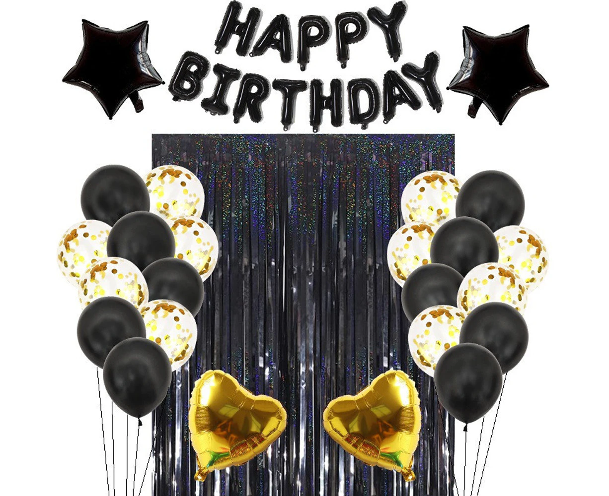 Birthday Party Decor, Latex Balloons, Happy Birthday Balloons Banner with 2 Foil Fringe Curtains black gold