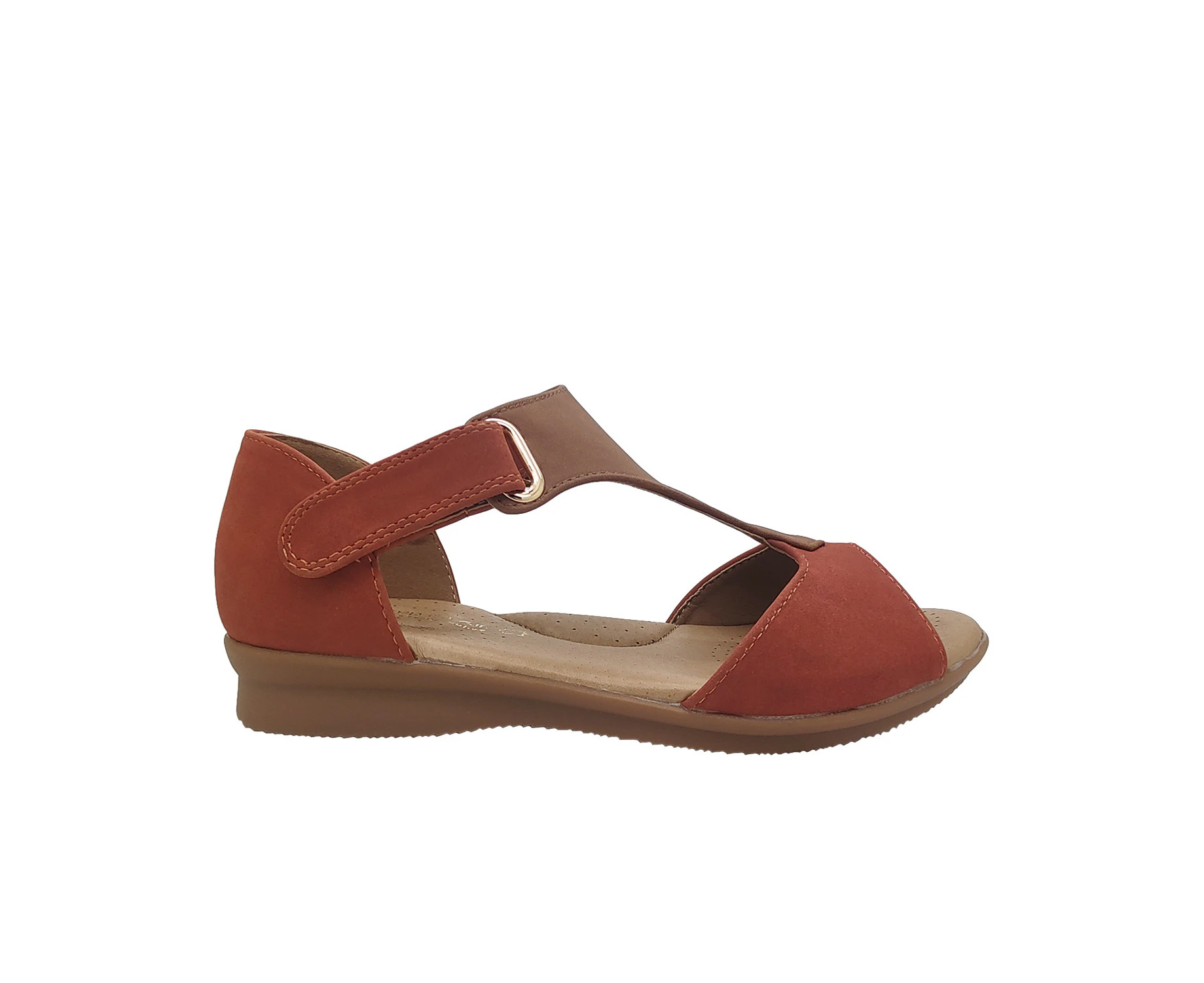 Step On Air Juniper Ladies Sandals Wedge Sole T Strap Heel In Dual Tab Adjusts - Rust