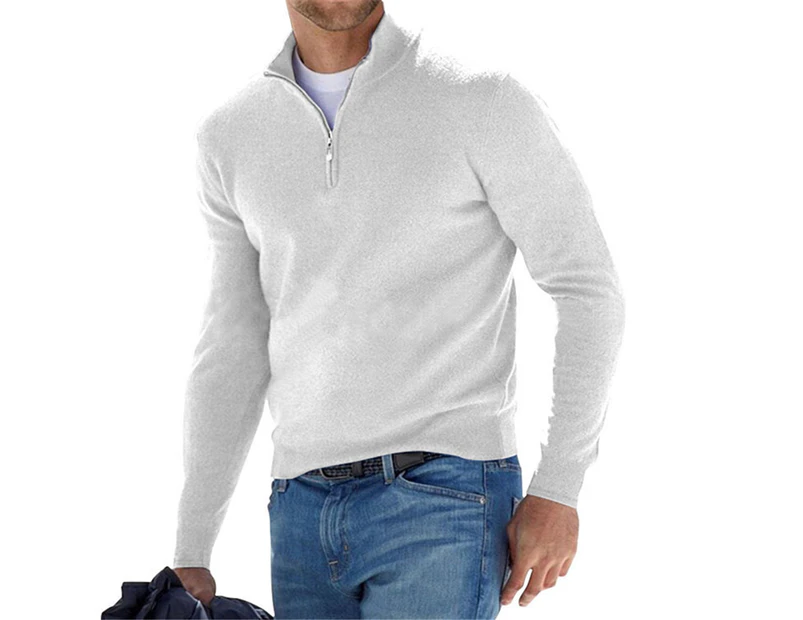 Mens Half Zip Long Sleeve Casual Polo Collar T-Shirt Pullover Jumper Blouse Top Sports - White