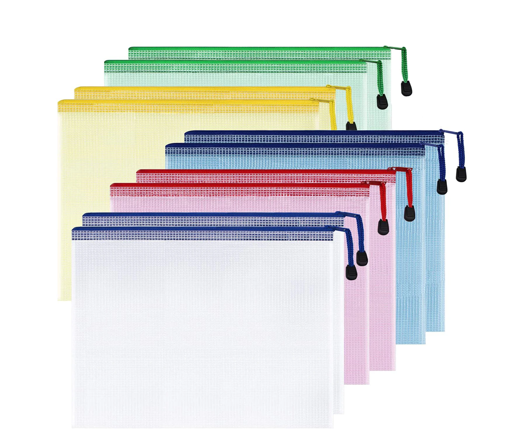 Plastic Mesh Zipper Pouch Document Bag, 12 Pack Waterproof Zip File Folders for School Office Supplies and Travel Storage (7x11 in, 6 Colors)