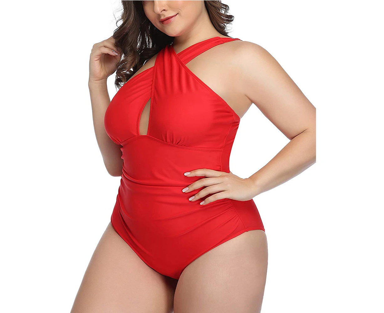 Womens Front Cross Plus Size One Piece Swimsuits Tummy Control Keyhole Bathing Suits Swimwear - Red