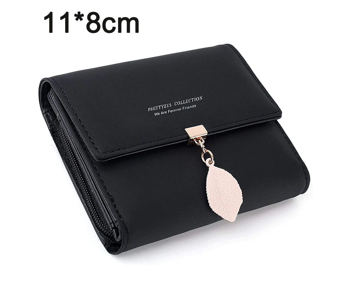 Women's Short Purse Leather Medium Wallet Leaf Bifold Card Coin Holder Small Purses Buckle Zipper Clutch