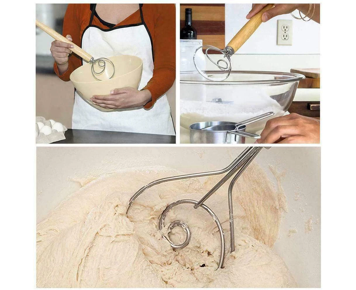 Stainless Steel Danish Dough Whisk with Wooden Handle Kitchen Baking Tools Special