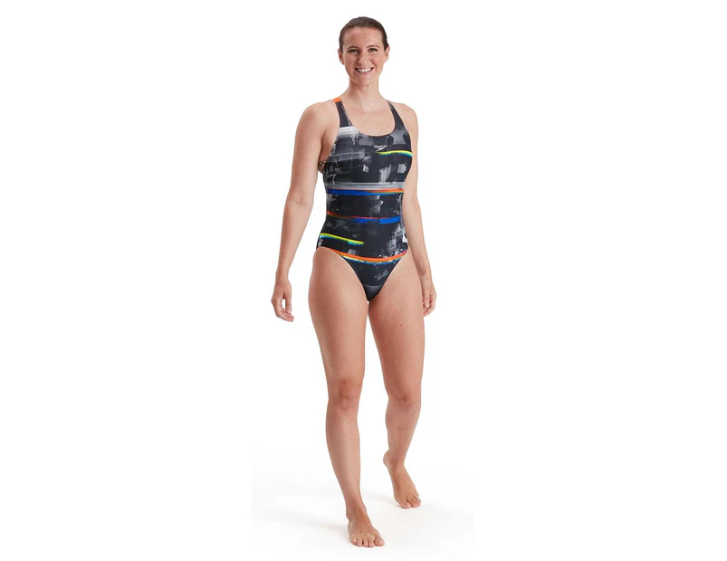 Speedo Women's Placement Digital Powerback Swimsuit - Black/ Salso/ White/ Blue