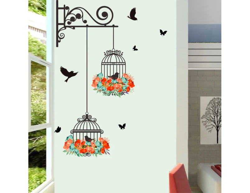 Colorful Flower birdcage flying birds wall sticker Creative home decor living room Decals wallpaper bedroom nursery window decor