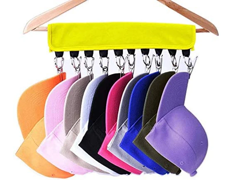 2 Pack Cap Organizer Hanger,Baseball Hat Holder,Cap Organizer for Closet,Folding Clothes Hangers Foldable Clothes Drying Rack-2 PCS Yellow