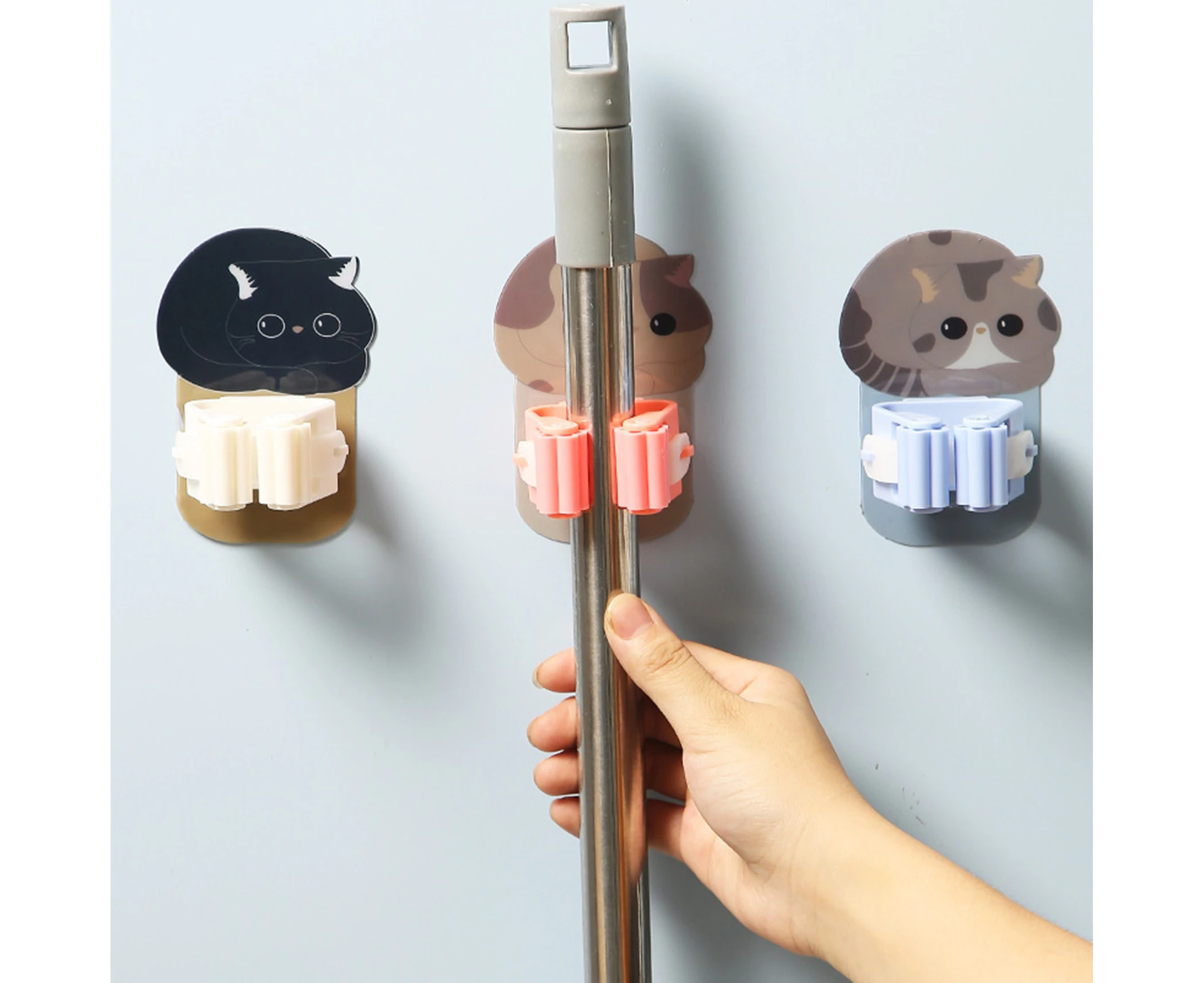 Mbg 4Pcs Self-adhesive Mop Hook No Punching Wall Mounted Cartoon Cats Broom Holder Bathroom Supplies-Multicolor - Multicolor