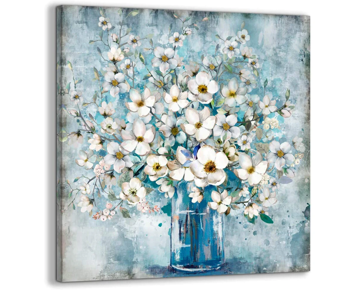 Bathroom Decor Wall Art Rustic Flower Pictures Wall Decorations for Bedroom Vintage Blue Theme Canvas Framed Artwork