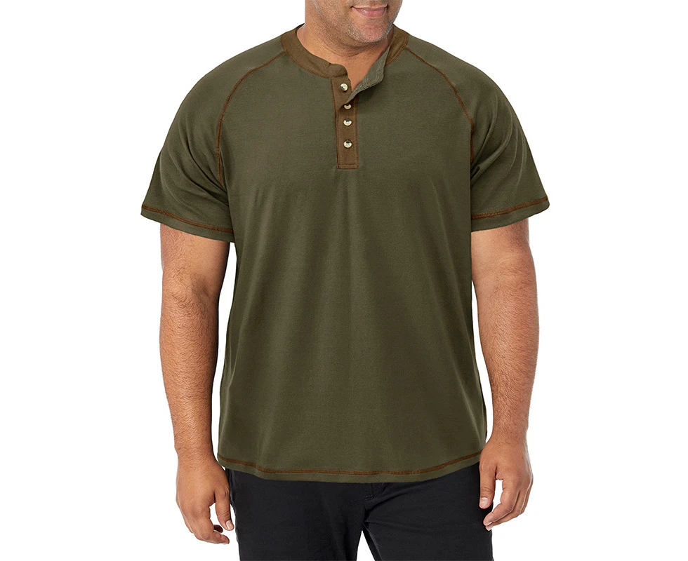 WeMeir Men's Short Sleeve Plus-size Henley Shirts XL-5XL Casual Button Down Shirts for Men All-match Cotton T-shirts Undershirts - Army Green