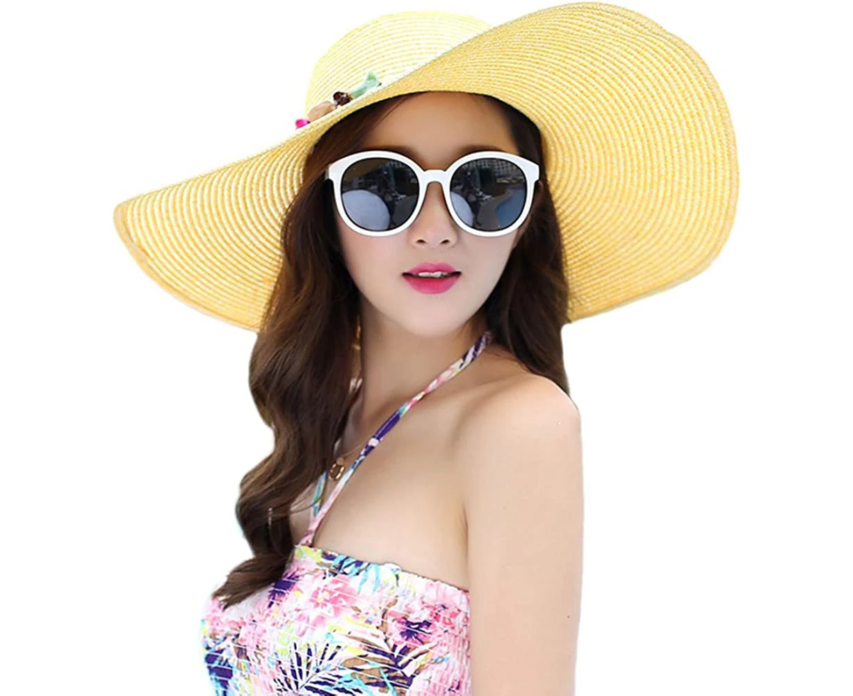 Women Foldable Floppy Wide Brim Straw Sun Hat Travel Packable Adjustable Summer Beach Accessories Hat UV UPF 50+