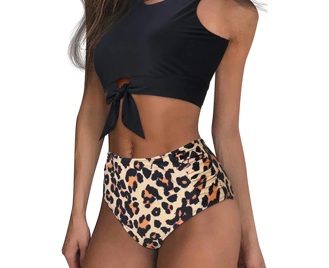 Women Knot Tankini Set Ruched High Waist 2 Piece Cute Swimsuits - 35 Black Leopard