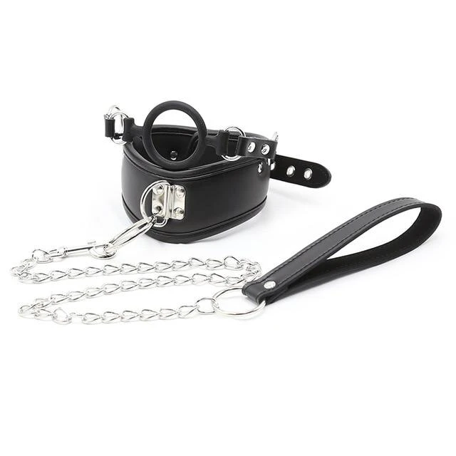 Black Posture Collar O Ring Gag Chain Leash Bdsm Slave Bondage Restraints - Black