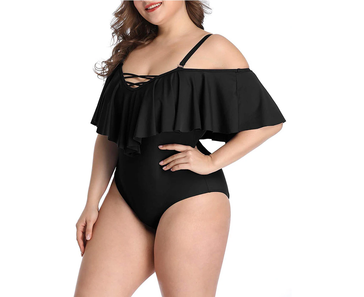 Plus Size Off Shoulder One Piece Swimsuits for Women Tummy Control Bathing Suits Swimwear - Black