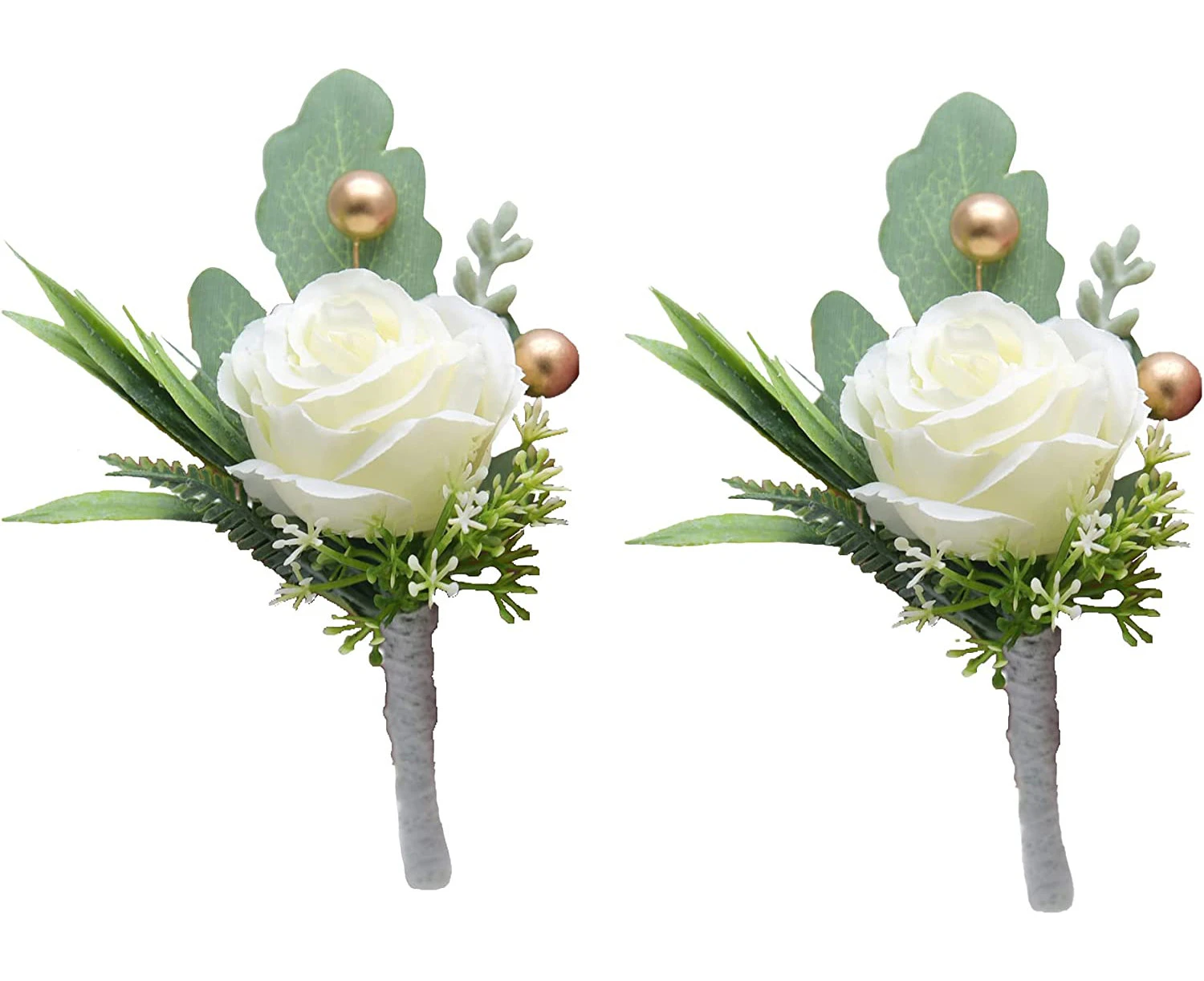 2Pcs Wedding Boutonniere for Groom and Best Man Suit Decoration Artificial Roses Buttonholes Flower for Wedding Prom Party, Ivory