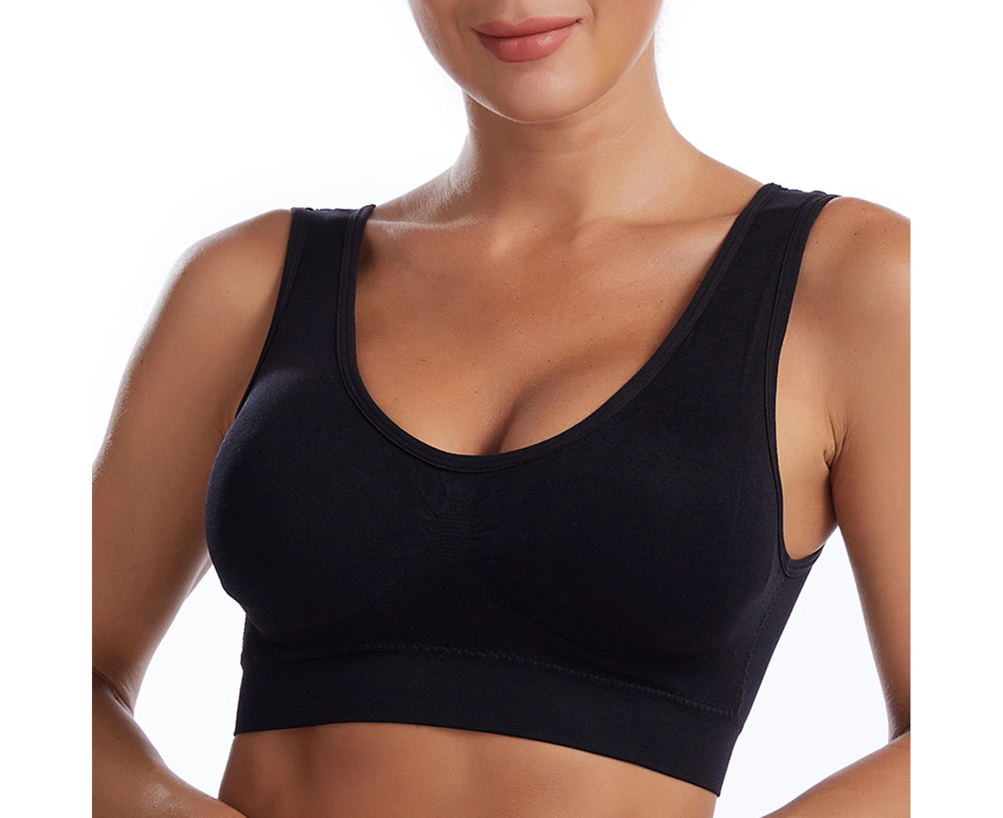 Women Sports Bra Vest Shockproof Solid Color Breathable Comfortable Plus Size Wide Shoulder Strap Lady Bras Vest - Black