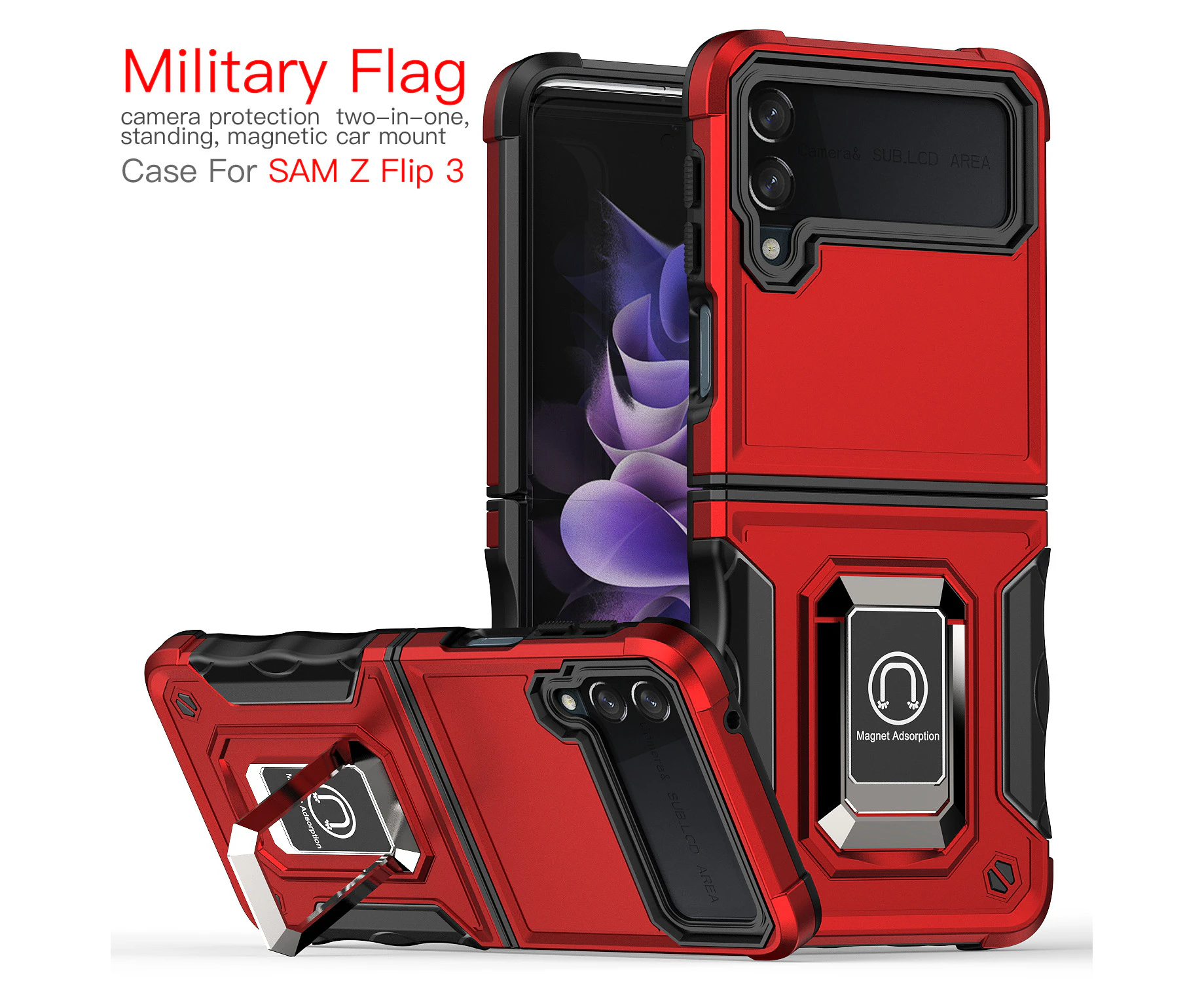 For Samsung Galaxy Z Flip3 Case Kickstand Stand Military Grade Shockproof Tough Hard Cover-Red