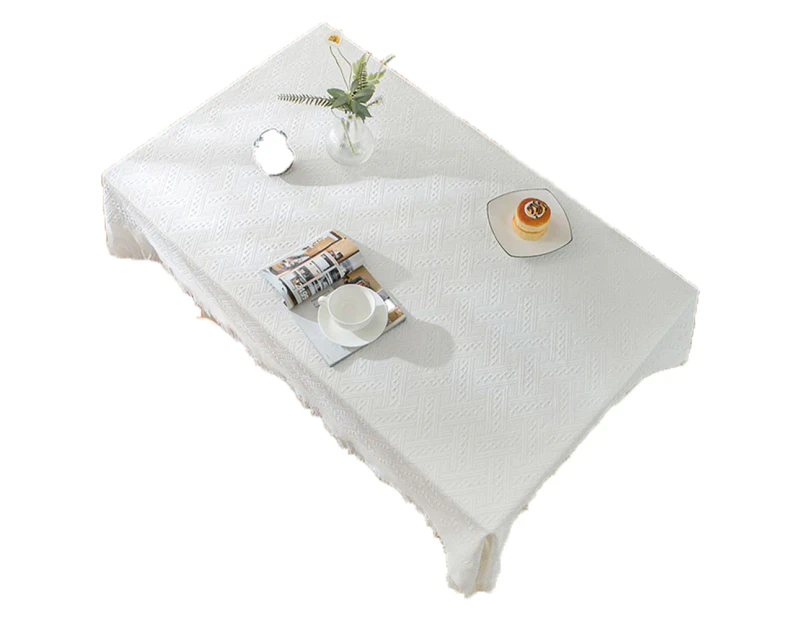 1Pc Dustproof Outdoor Tablecloths With Fringes, Crease Free Cotton Linen Tablecloths For Parties, Buffets,Diamond White [Long Table]90*120Cm