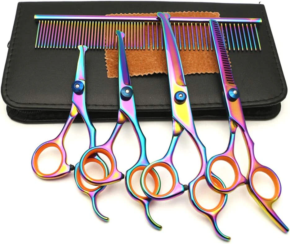 Round Tip Pet Grooming Scissors Set Pet Trimmer Kit - Effiling Scissors Curved Scissors Comb Leather Case