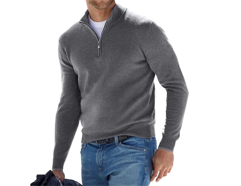 Mens Half Zip Long Sleeve Casual Polo Collar T-Shirt Pullover Jumper Blouse Top Sports - Gray